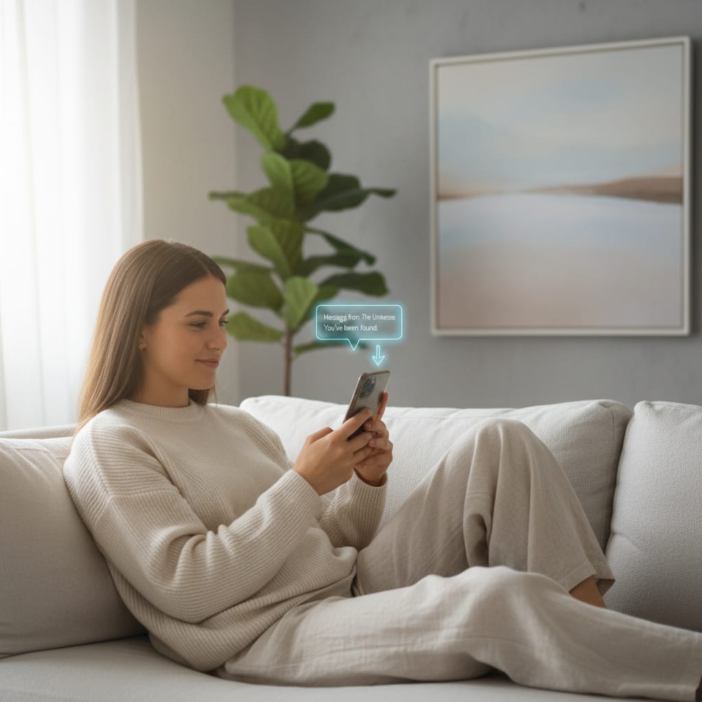 Entspannte junge Frau sitzt auf einem hellen Sofa und lächelt, während sie eine Nachricht auf ihrem Smartphone erhält, die symbolisch für „Gefunden werden statt Suchen“ steht.