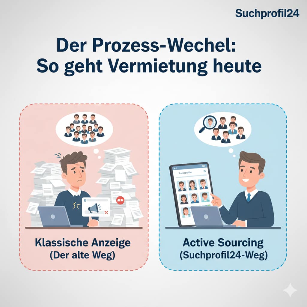 Vergleich zwischen klassischer Mietersuche mit Bewerberflut und moderner Mietersuche via Active Sourcing auf Suchprofil24