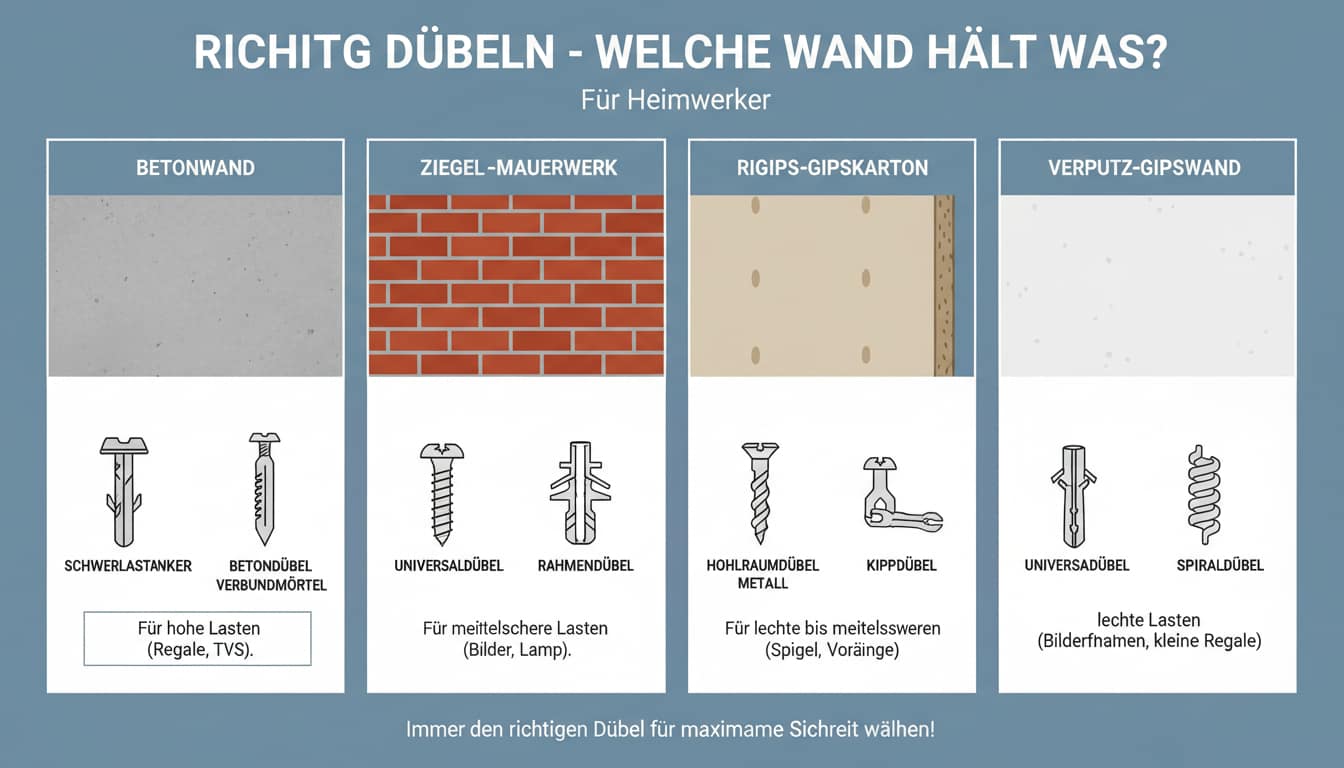 Illustration zur richtigen Auswahl von Dübeln für verschiedene Wandarten: Betonwand, Ziegel-Mauerwerk, Rigips-Gipskarton und Verputz-Gipswand, jeweils mit passenden Dübeltypen und deren Anwendungsbereichen.