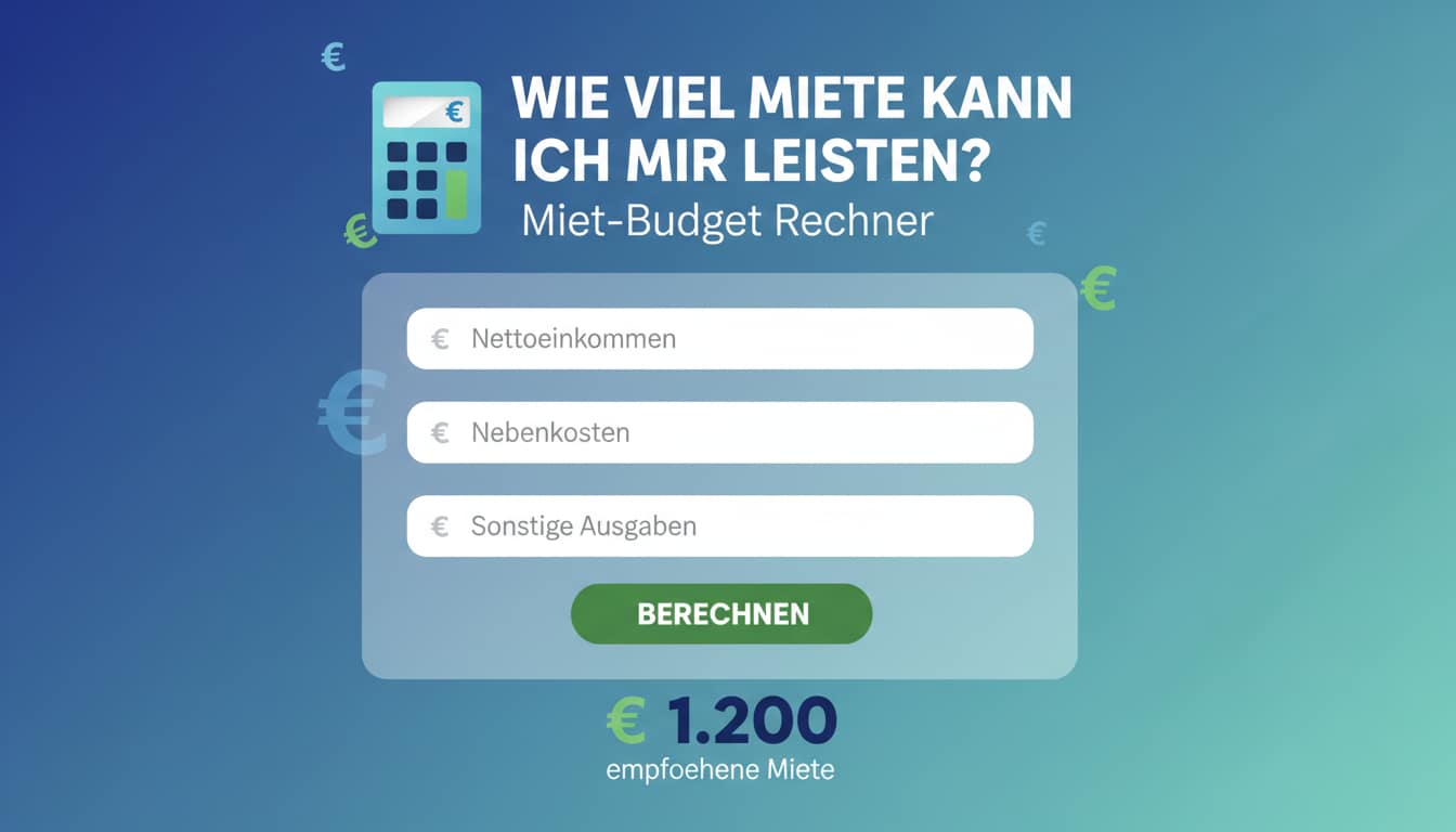 Miet-Budget Rechner mit Eingabefeldern für Nettoeinkommen, Nebenkosten und sonstige Ausgaben sowie einem Button zum Berechnen der empfohlenen Miete.