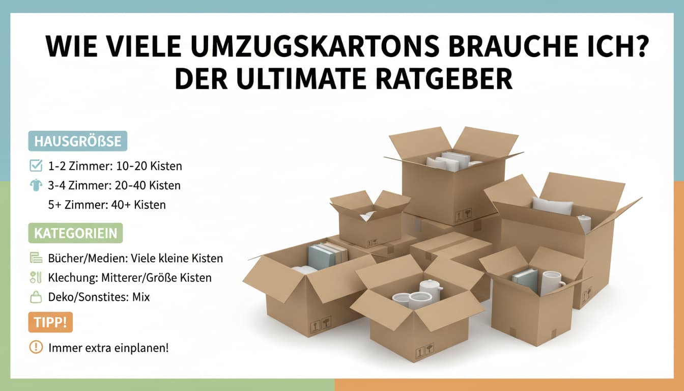 Grafik mit dem Titel „Wie viele Umzugskartons brauche ich? Der ultimative Ratgeber“.