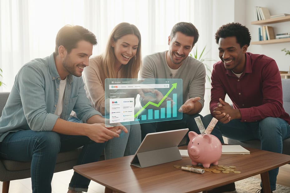 Vier Personen vergleichen Stromanbieter am Tablet, analysieren steigende Kosten und sparen Geld durch Tarifvergleich.