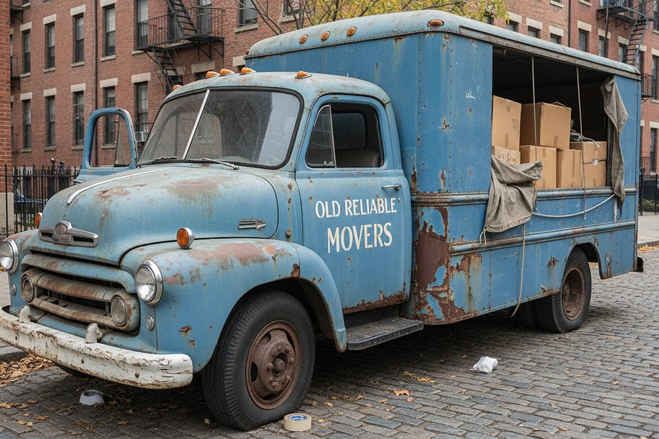 Vintage Umzugswagen mit Kartons in Ladefläche steht in Wohnstraße – Symbol für Umzugsunternehmen und Umzugstransport.