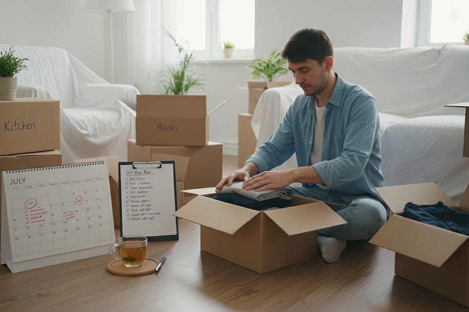 Mann packt Kleidung in Umzugskartons in heller Wohnung, umgeben von beschrifteten Kisten, Kalender und Checkliste.