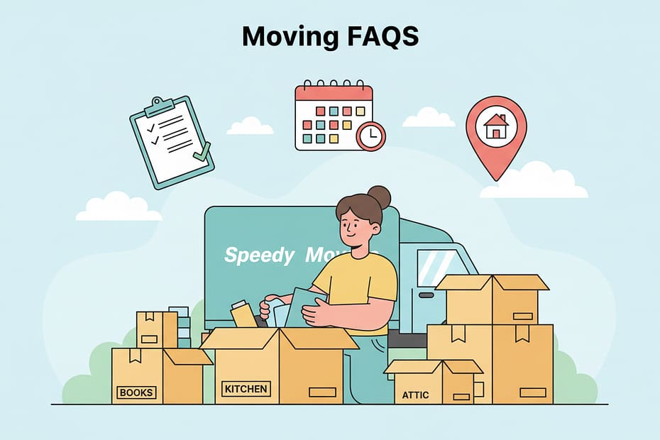 Illustration einer Frau, die Umzugskartons auspackt, umgeben von beschrifteten Kartons mit den Aufschriften „BOOKS“, „KITCHEN“ und „ATTIC“. Im Hintergrund steht ein Umzugswagen mit der Aufschrift „Speedy Move“. Über der Szene sind Symbole für eine Checkliste, einen Kalender mit Uhr und einen Standortmarker mit einem Haus abgebildet. Der Text „Moving FAQS“ steht oben im Bild. Der Hintergrund ist hellblau mit Wolken.