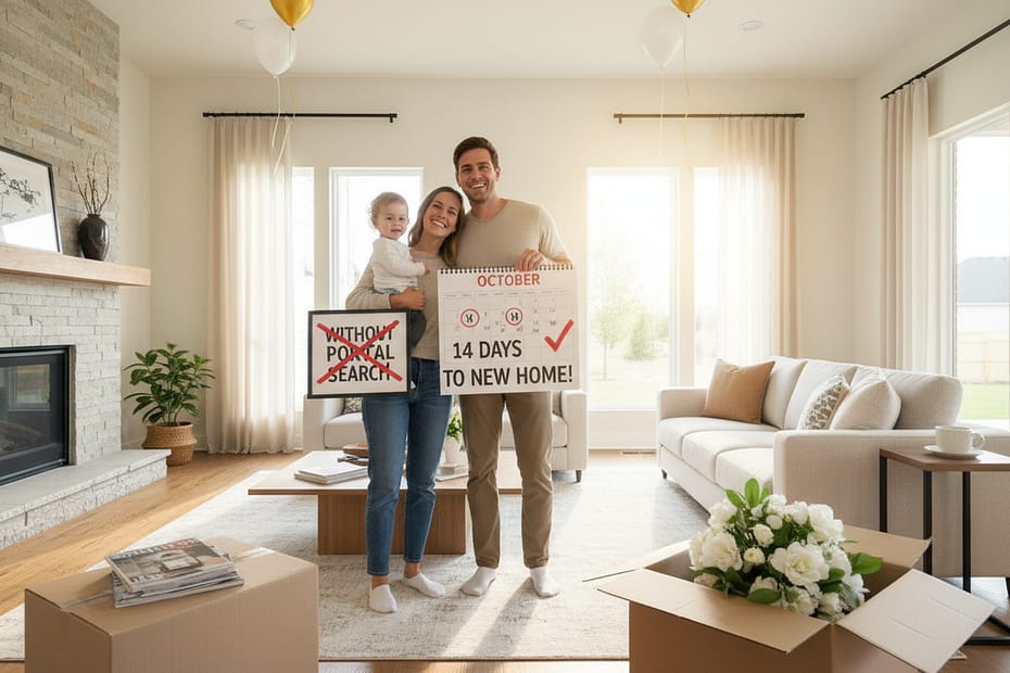Junge Familie mit Kind in hellem Wohnzimmer, hält Schilder „Ohne Portalsuche“ durchgestrichen und „14 Tage bis zum neuen Zuhause“ – moderner Umzug und neues Eigenheim.