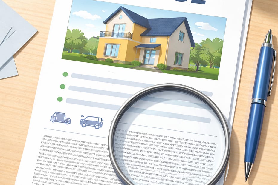 Symbolbild eines Immobilien-Exposés mit Lupe über dem Kleingedruckten.