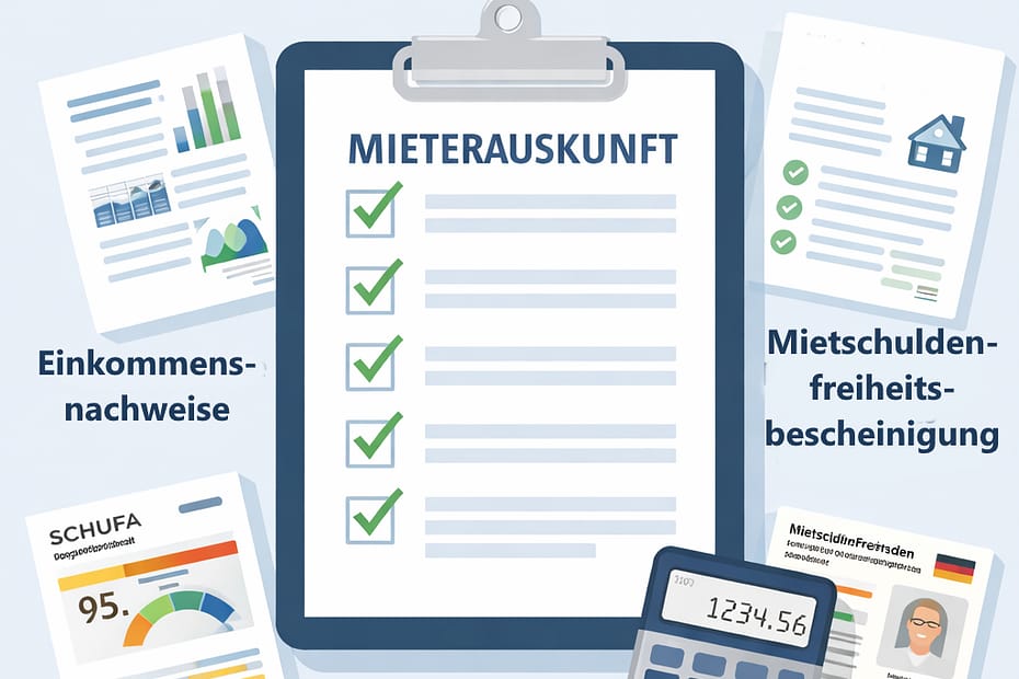 Symbolbild einer Mieterauskunft-Checkliste mit Unterlagen wie Schufa-Auskunft, Lohnnachweisen, Personalausweis und Mietschuldenfreiheitsbescheinigung.
