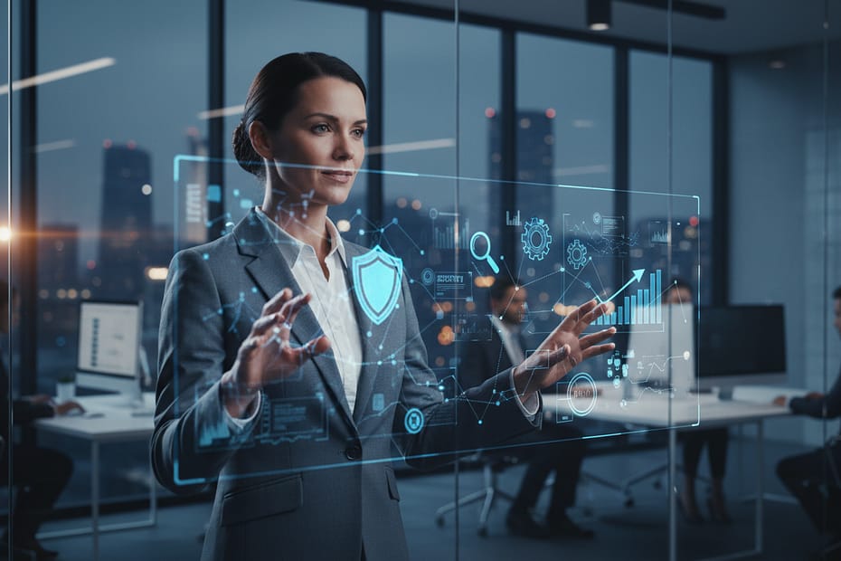 Geschäftsfrau im Büro nutzt digitales Touchscreen-Interface mit Symbolen für Sicherheit und Datenanalyse – Plattform-Update für Suchprofil-Optimierung.