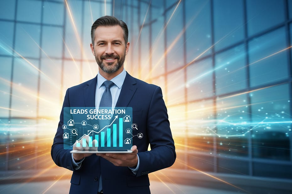 Geschäftsmann mit Tablet vor Glasgebäude zeigt digitale Grafik „Leads Generation Success“ mit aufsteigendem Balkendiagramm und Immobilien-Symbolen – Lead-Generierung für Immobilienprofis.