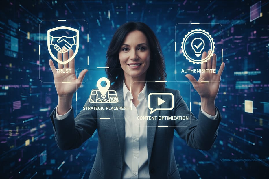 Geschäftsfrau vor digitalem Hintergrund mit virtuellen Icons für Vertrauen, Authentizität, strategische Platzierung und Content-Optimierung – Optimierung von Branchen-Einträgen.