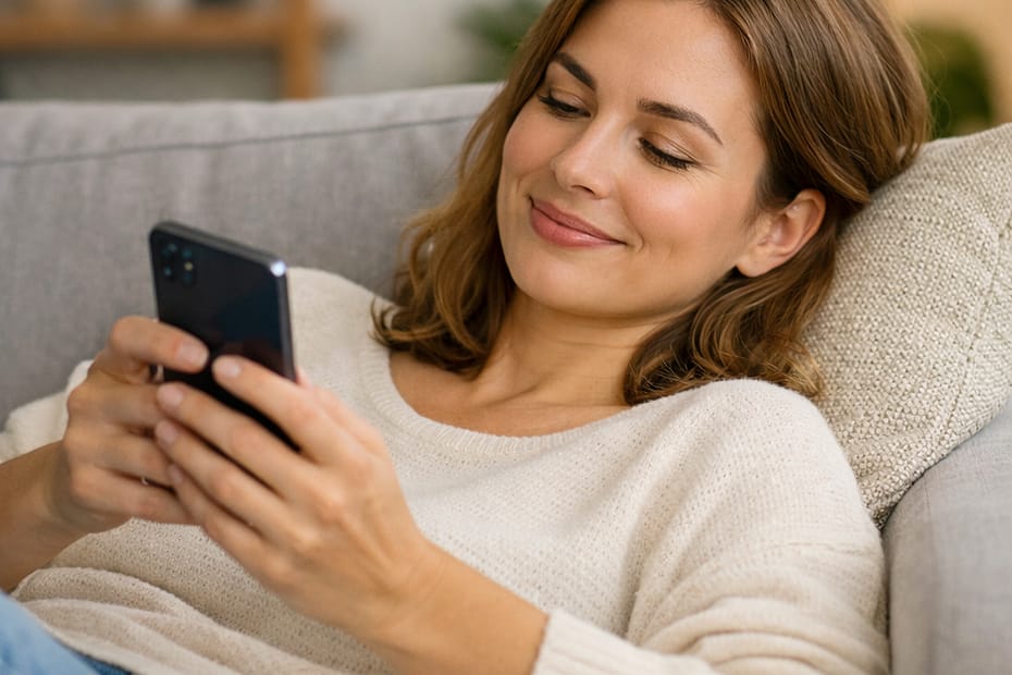 Entspannte Person liegt auf einem Sofa und schaut ruhig auf ihr Smartphone, ohne gestresst zu tippen.