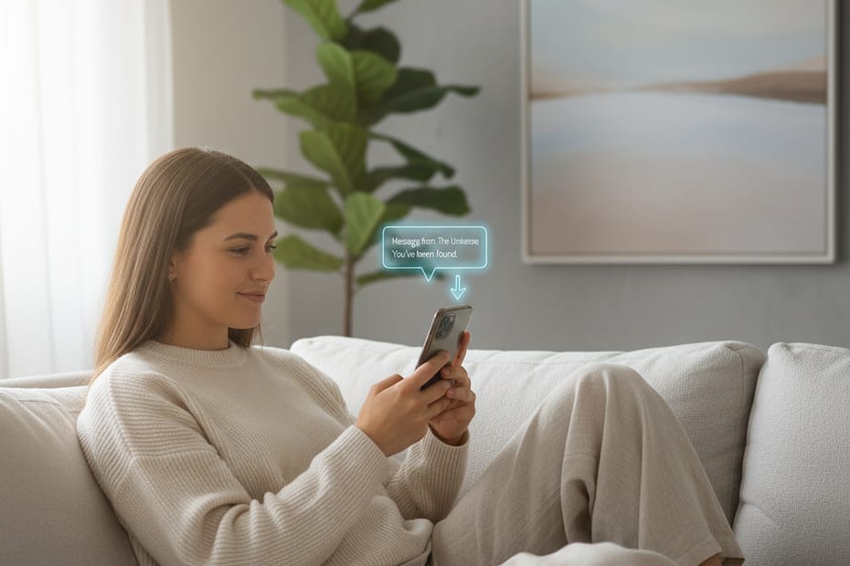 Entspannte junge Frau sitzt auf einem hellen Sofa und lächelt, während sie eine Nachricht auf ihrem Smartphone erhält, die symbolisch für „Gefunden werden statt Suchen“ steht.