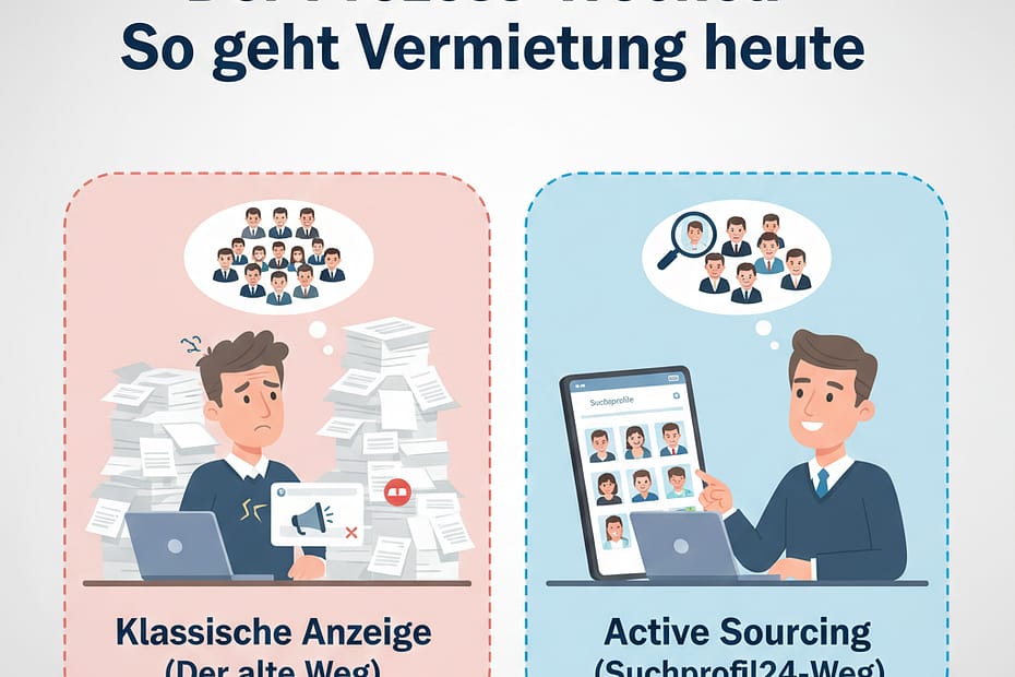 Vergleich zwischen klassischer Mietersuche mit Bewerberflut und moderner Mietersuche via Active Sourcing auf Suchprofil24